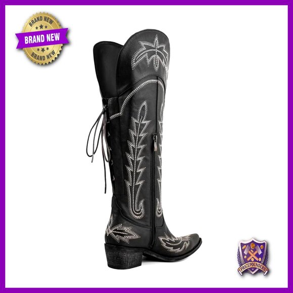 Knee High Western Cowgirl Boots Wide Calf Embroidered Lace Up Fashion Boots - Picture 5 of 6